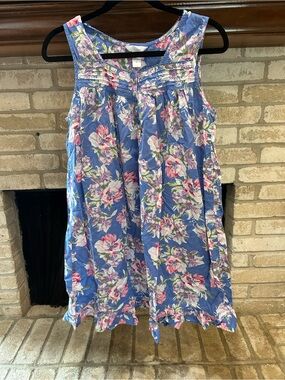 Adonna Blue Floral Button-Front Nightgown with Pink and White Blooms EUC
